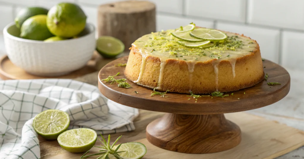 Lime cake from scratch on a cake stand