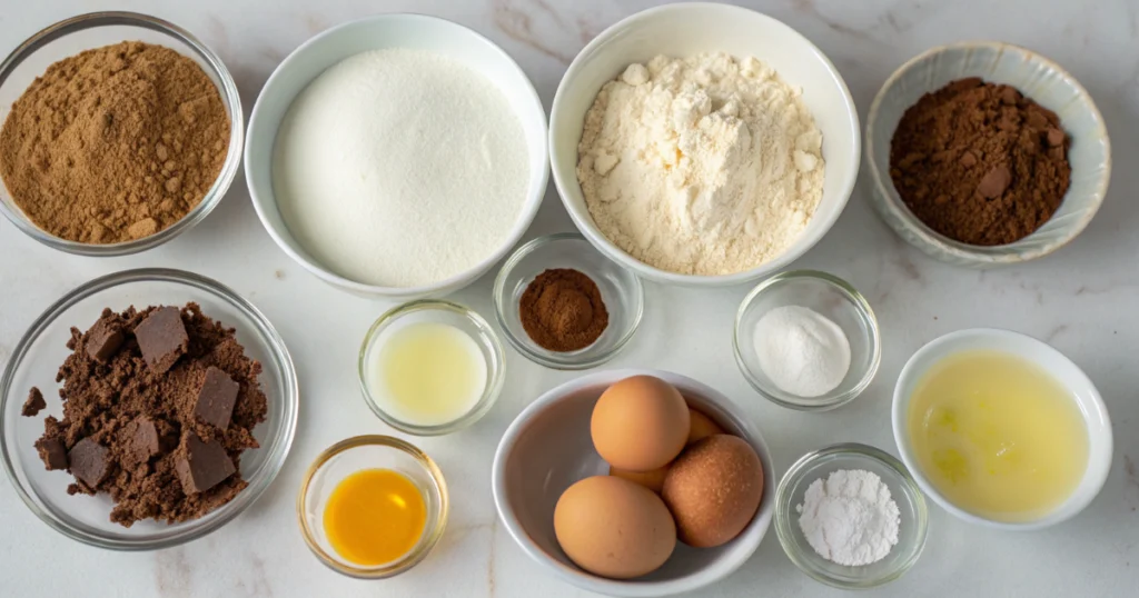 Ingredients for making velvet cake laid out on a table