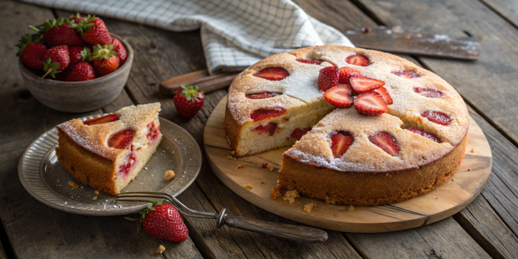 Strawberry Sour Cream Cake on rustic table